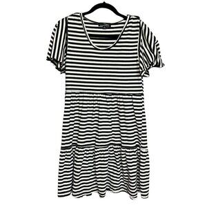 Suzanne Betro Breton Dress Size M Stripe Babydoll Cotton Blend Flutter Sleeve